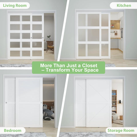 5 Foot 60 Inch Bypass Door Hardware Kit With Aluminum Double Closing Sliding Closet Doors, Finger Pull Included, shown in various rooms