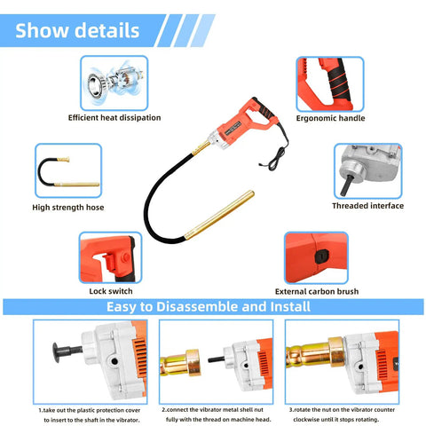 Electric Concrete Vibrator Workhorse 1500W 110V Handheld With 6.6 Ft Shaft 4200 RPM Pro Grade Construction Tool with detailed features