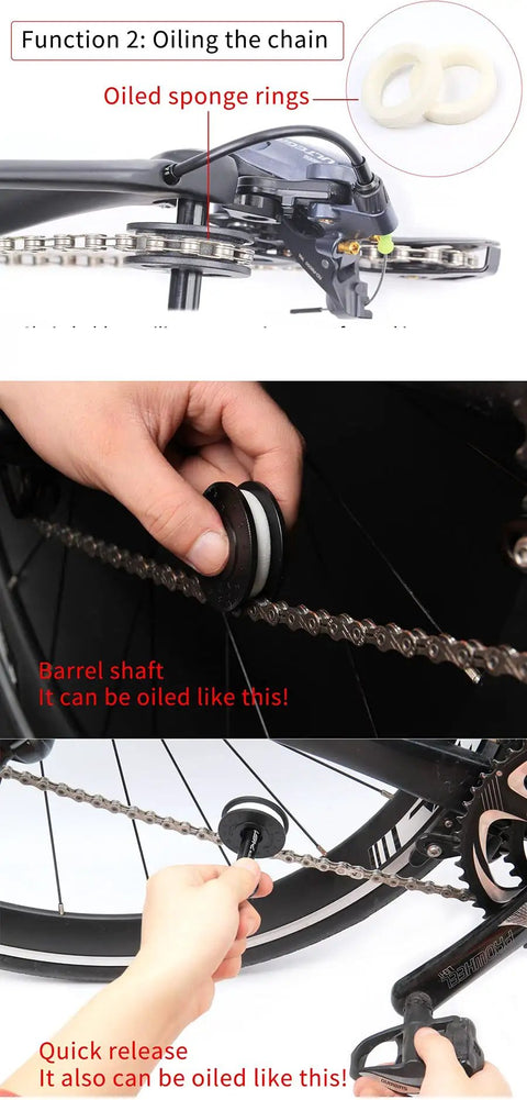 Image showing Five In One Dummy Bike Hub Tool Kit For Quick Release And 12mm Through Axle Chain Oiler in use on a bicycle chain.