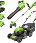 40V 21-Inch Self-Propelled Lawn Mower With Brushless Motor And Traction, 8-Inch Front Wheels Rear-Wheel Drive, Plus Do-It-All Axial Leaf Blower 500 CFM 120 MPH, 13-Inch String Trimmer, Two Batteries 5Ah And 2Ah With Chargers