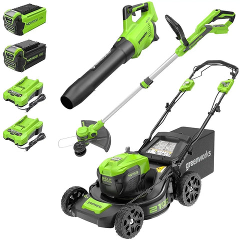 40V 21-Inch Self-Propelled Lawn Mower With Brushless Motor And Traction, 8-Inch Front Wheels Rear-Wheel Drive, Plus Do-It-All Axial Leaf Blower 500 CFM 120 MPH, 13-Inch String Trimmer, Two Batteries 5Ah And 2Ah With Chargers