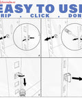 Illustration showing steps to use Heavy Duty Six Inch Cage Nut Tool For Server And Network Rack Mounting with grip and click actions.