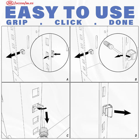 Illustration showing steps to use Heavy Duty Six Inch Cage Nut Tool For Server And Network Rack Mounting with grip and click actions.