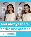 Person holding Ultra Compact Travel Flushable Wipes With 99.5 Percent Water And Aloe, Hypoallergenic And Unscented, by restroom door.