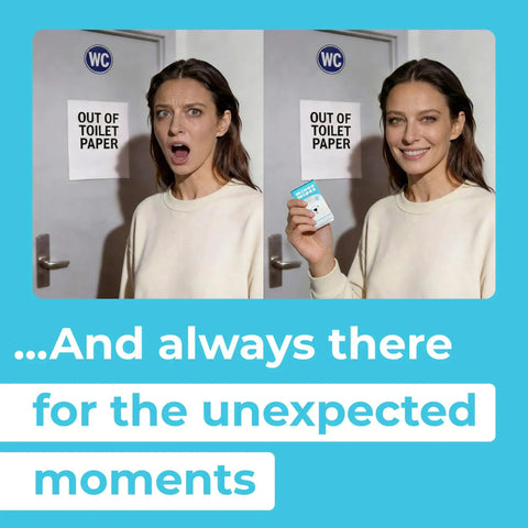 Person holding Ultra Compact Travel Flushable Wipes With 99.5 Percent Water And Aloe, Hypoallergenic And Unscented, by restroom door.