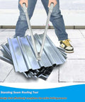 Person using 2 In 1 Hand Seamer for Standing Seam Roofing, bending metal sheet to 90 and 180 degrees, showing anti-slip handle.