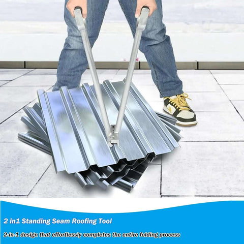 Person using 2 In 1 Hand Seamer for Standing Seam Roofing, bending metal sheet to 90 and 180 degrees, showing anti-slip handle.
