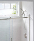 Brushed Nickel Five-Function Shower Head With Handheld Showerhead, 3.75 Inch Spray Head installed in modern bathroom.