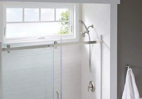 Brushed Nickel Five-Function Shower Head With Handheld Showerhead, 3.75 Inch Spray Head installed in modern bathroom.