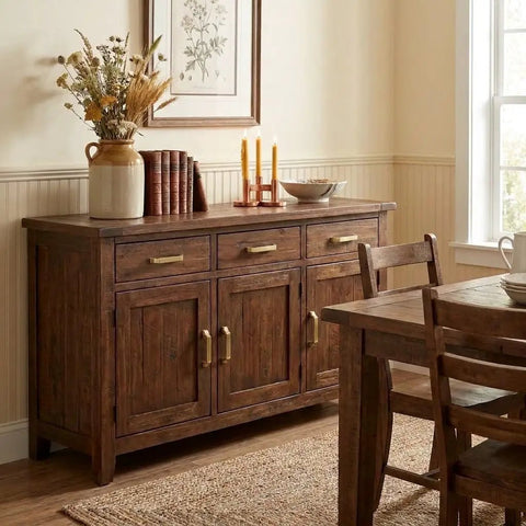 10-Pack 5 Inch Center to Center Square Brushed Gold Cabinet Pulls on a rustic wooden sideboard for kitchen and dining use.