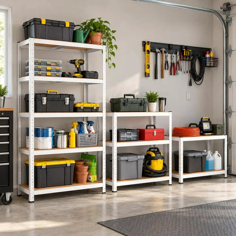 Heavy Duty Five Tier Metal Shelving Unit With Adjustable Boltless Galvanized Steel Frame And Thick Mdf Panels For Garage Pantry Laundry Room White High Capacity Storage organizing tools and supplies in a garage.