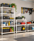 Rock Solid Five Tier Metal Garage Shelving Rack With Height Adjustable Boltless Steel Frame And Reinforced Mdf Shelves Built Tough Heavy Duty Storage Solution Up To 1929 Lbs Weight Limit In Crisp White filled with tools and storage containers.