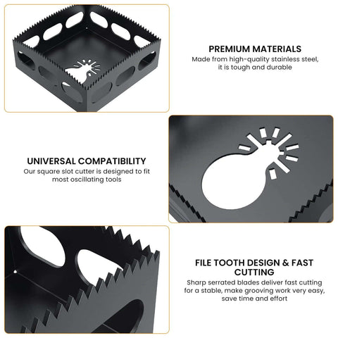 Two black stainless steel drywall outlet cutter tools; square-slot design for oscillating tools