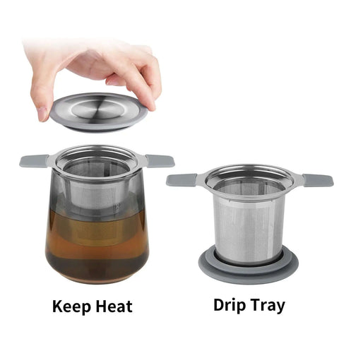 Stainless Steel Loose Leaf Tea Infuser With Extra Fine Mesh Ball Heat Proof Dual Handle Steeper shown with lid and drip tray