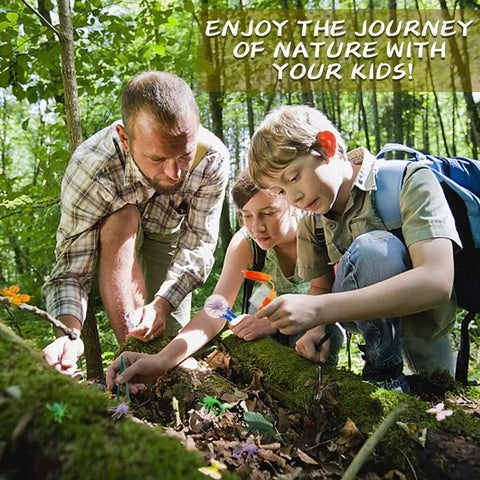 Family exploring forest using Awesome Kids Outdoor Explorer Kit With Bug Catcher Gear for outdoor adventures.