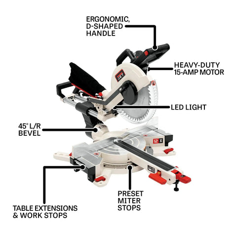 12-Inch Sliding Dual Bevel Compound Miter Saw With Adjustable Fence And Extension Tables Front Controls Dual Bevel Pro Grade Heavy-Duty 15 Amp Motor Dust Port And Bag Two And A Half Inch Adapter Model JMS-12X
