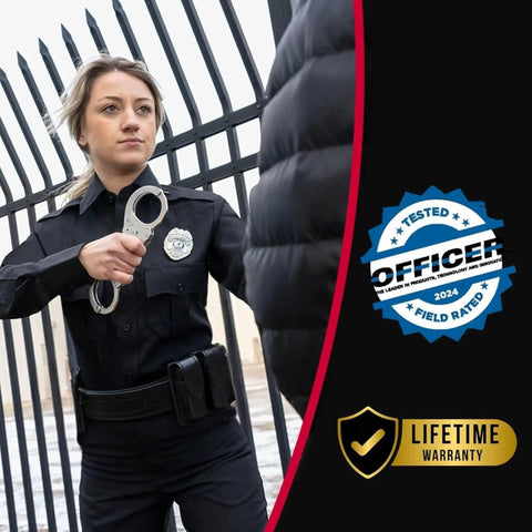 Police officer holding Stainless Steel Handcuffs For Law Enforcement Heavy Duty Professional Grade With Forged Steel Bows