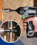 Close-up of a drill using a 9 Piece Socket Adapter Extension Set With Quarter Inch Hex Shank for various drive sockets.