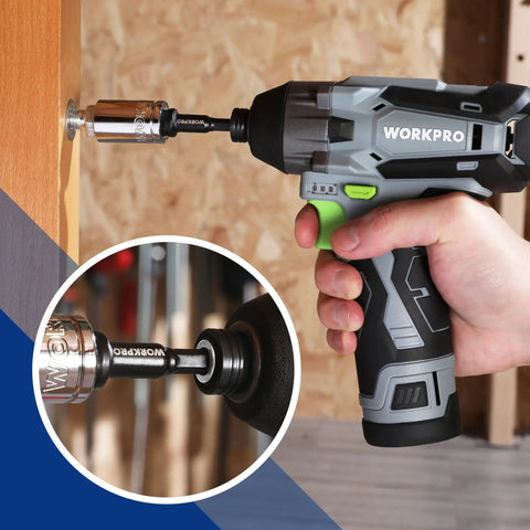 Close-up of a drill using a 9 Piece Socket Adapter Extension Set With Quarter Inch Hex Shank for various drive sockets.