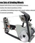 Workhorse Variable Speed Belt Sander And Knife Grinder With Wheel And Flat Platen Tool Rest For Sick Polish Results 72X2 Inch Belt with three sets of grinding wheels.