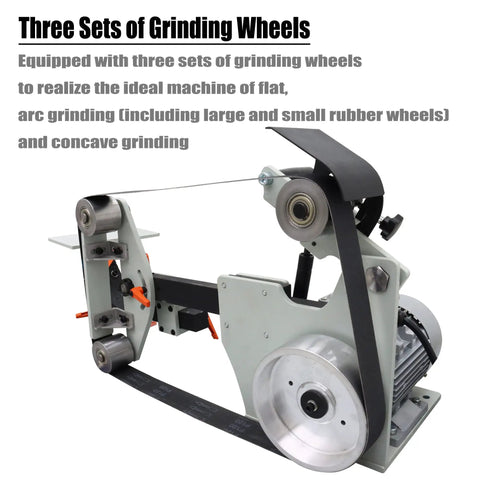 Workhorse Variable Speed Belt Sander And Knife Grinder With Wheel And Flat Platen Tool Rest For Sick Polish Results 72X2 Inch Belt with three sets of grinding wheels.