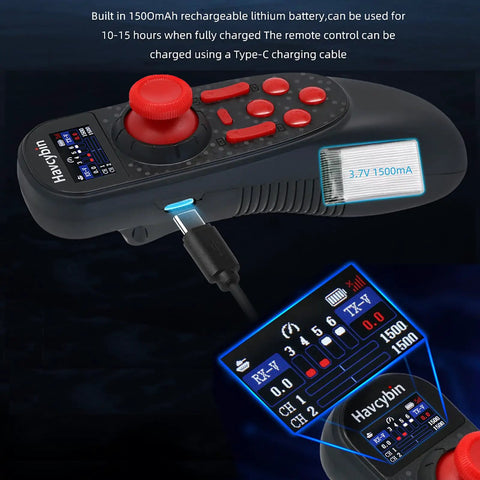 Close-up of 6 Channel 2.4G RC Boat Transmitter with color screen and Type-C charging cable connected