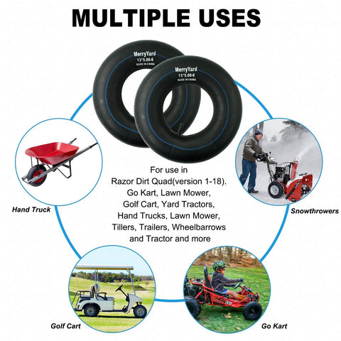 2-Pack Universal 13x5.00-6 Inner Tubes With TR13 Straight Valve Stem for lawn mowers, go-karts, snow blowers - multiple uses displayed
