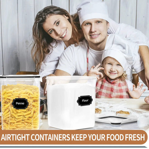 Large Airtight Food Storage Canisters Set 4 Pack 5.2L BPA Free Pantry Containers With 20 Labels And Marker For Flour Sugar Baking Supplies Organize Like A Pro In Your Kitchen with penne and flour displayed, family in background, text 'Airtight Containers Keep Your Food Fresh', lid detail visible.