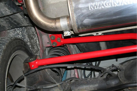 Panhard Bar Relocation Kit For 1982 2002 Camaro And Firebird Black Finish Street Ready Bolt On Upgrade Replaces Upper Support And Relocates Lower Bar To Make Room For Up To 3 Inch True Dual Exhaust Over Passenger Side Axle installed on rear suspension
