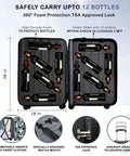 TSA-approved 12 bottle wine travel case with foam inserts and TSA lock displayed open, showing wine bottles secured for airplane travel.