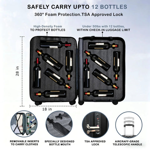 TSA-approved 12 bottle wine travel case with foam inserts and TSA lock displayed open, showing wine bottles secured for airplane travel.