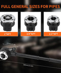 Ratcheting Pipe Threader Kit For Plumbers With Three NPT Dies One Half Inch Three Quarter Inch And One Inch Heavy Duty Pro Grade Portable Pipe Die Tool With Storage Case For Galvanized Steel Iron Copper Aluminum Pipes, showing three dies and handle dimensions.