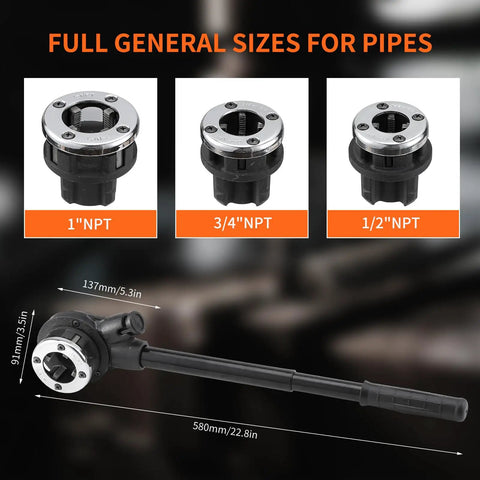 Ratcheting Pipe Threader Kit For Plumbers With Three NPT Dies One Half Inch Three Quarter Inch And One Inch Heavy Duty Pro Grade Portable Pipe Die Tool With Storage Case For Galvanized Steel Iron Copper Aluminum Pipes, showing three dies and handle dimensions.