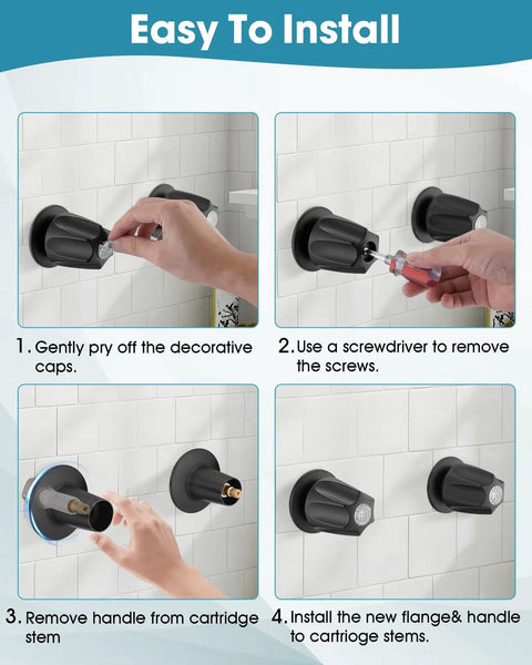 Installation steps for Two Piece Shower Knob With Matte Black Handle Flange Replacement For Verve Tub And Shower Faucets Hot And Cold Remodel Kit Fits Five And A Half Inch Stems With Twelve Tooth Broach No Fuss Upgrade For Price Pfister