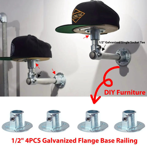 Half Inch Flange Base Railing Galvanized Steel Pipe Fittings 4 Pack for DIY home projects and industrial style shelving