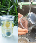 Real Deal Double Wall Glass Tumbler 13 Oz Heat Insulated Water Cup With Built Tough Glass Straw And Secure Lid For Keeping Drinks Ice Cold Or Steaming Hot Straight Fire Quality White Four Pack with lemons in water.