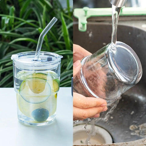 Real Deal Double Wall Glass Tumbler 13 Oz Heat Insulated Water Cup With Built Tough Glass Straw And Secure Lid For Keeping Drinks Ice Cold Or Steaming Hot Straight Fire Quality White Four Pack with lemons in water.