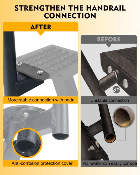Heavy Duty Boat Trailer Steps Rock Solid Steel Tongue Access For Three By Three Or Four By Four Sizes showing stable handrail connection upgrade.
