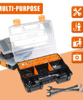 Four Piece Hardware Organizer Set With Three Different Sized Boxes For Bolts Screws Nails Nuts And Small Parts Built Tough In Black And Orange PP Plastic For Your Garage And Workshop, featuring clear lids and removable dividers.