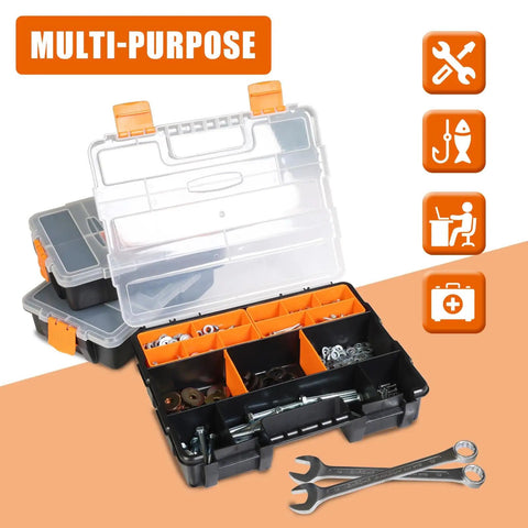 Four Piece Hardware Organizer Set With Three Different Sized Boxes For Bolts Screws Nails Nuts And Small Parts Built Tough In Black And Orange PP Plastic For Your Garage And Workshop, featuring clear lids and removable dividers.