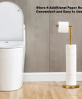 Gold Freestanding Toilet Paper Holder With Heavy Marble Base beside white toilet in bathroom