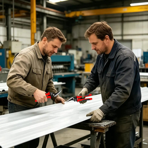 Two professionals using Non Slip Aviation Snips 9 Inch Manganese Steel Sheet Metal Cutter For Tin Roofing Cladding