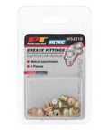 Metric Grease Fitting Assortment Kit 8 mm By 1 Thread 8 Piece Set With Straight 45 Degree And 90 Degree Fittings in packaging
