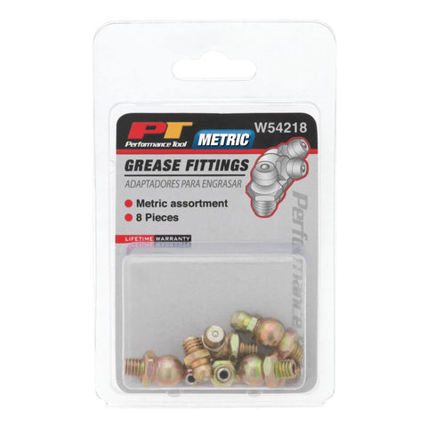 Metric Grease Fitting Assortment Kit 8 mm By 1 Thread 8 Piece Set With Straight 45 Degree And 90 Degree Fittings in packaging