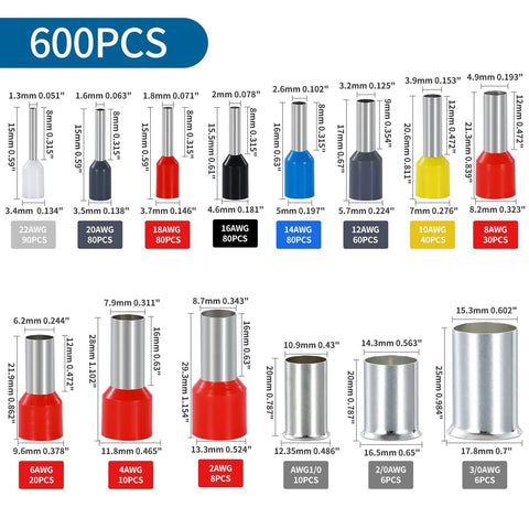Heavy Duty Ferrule Crimping Tool Kit With Wire Stripper And Ferrules Crimper Plier 600 Piece Ferrules Set size chart
