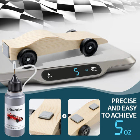 Pinewood Derby Car Weights Kit With 4 Ounce Total Weight Lead Free Derby Weights And Half Ounce Graphite Powder Graphite Lubricant For Pine Wheels And Axles Low Profile Weights To Tweak The COG And Easy Install displayed on scale