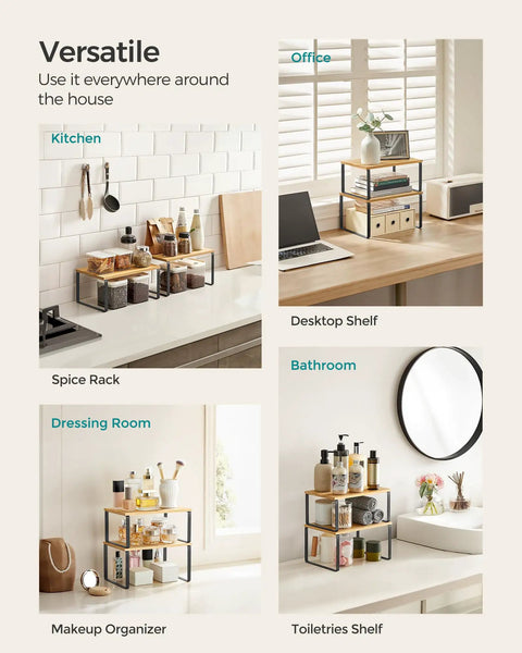 No Sweat Set Of Two Cabinet Organizer Shelves That Serve As A Slick Kitchen Spice Rack And Countertop Pantry Station With Duh Easy Setup and Heavy Duty Build for kitchen spice storage.