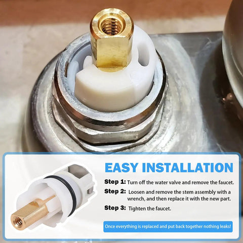 Heavy Duty Faucet Stem Assembly Kit For Two Handle Kitchen Bath And Tub Shower Universal Replacement Parts Quick Swap Design Rugged metal core and white plastic stem close-up.