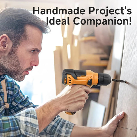 Man using All In One 8V Cordless Drill Tool Set With 132 Piece Box Yellow for home repair, featuring LED light and lightweight design.