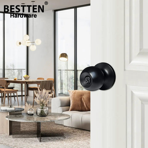 Keyed Entry Door Knob Set Heavy Duty Matte Black All Metal Lock Easy DIY Install in modern living room setting